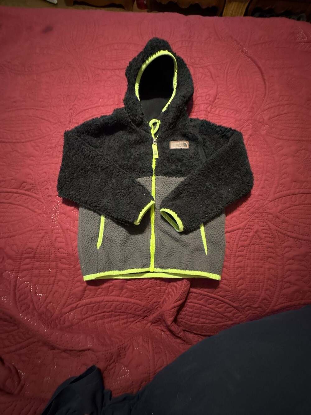 The North Face Fleece Hooded Jacket Size 5/5 Black Gray Neon Green
